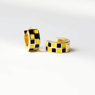 Black & Yellow Checkered Enamel Huggie Earrings