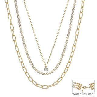 3 Layer Gold Multi Stone Crystal Pended Necklace
