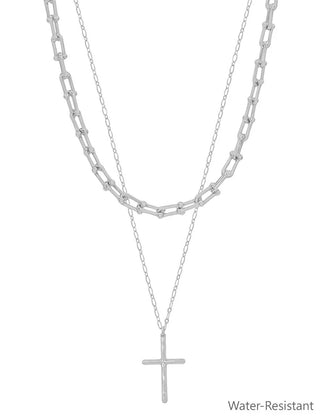 Silver Multi Chain 2 Layer Cross Necklace