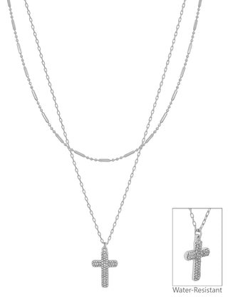 Silver Layered Rhinestone Cross Necklace