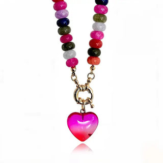 Natural Stone Heart Beaded Necklace-Rose Red