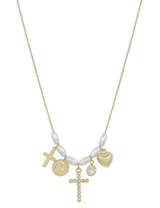 Gold Heart & Cross Pearl Beaded Charm Necklace