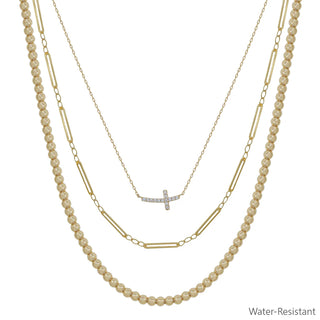Gold 3 Layer Multi Chain Cross Necklace