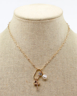 Cross, Pearl & Rhinestone Gold Charm Necklace