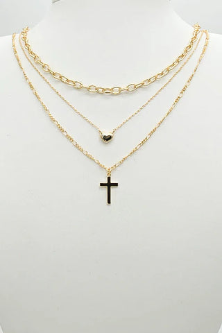 3 Layer Gold Heart & Cross Necklace