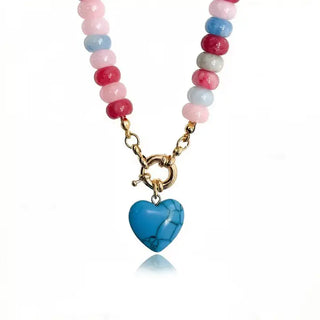 Natural Stone Heart Beaded Necklace-Blue