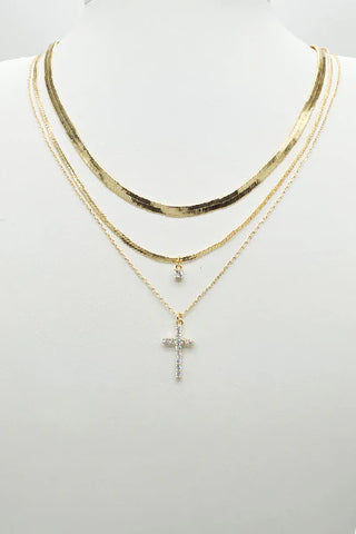3 Layer Gold Snake Chain Cross Necklace