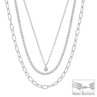 3 Layer Silver Multi Stone Crystal Pended Necklace