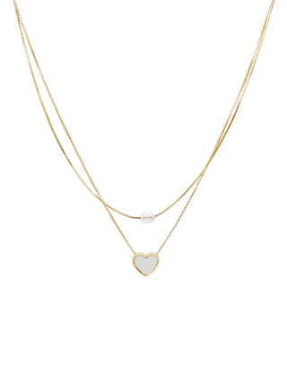 Pearl & White Heart Gold Charm Necklace
