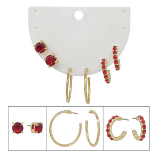 Set of 3 Red Crystal Earrings