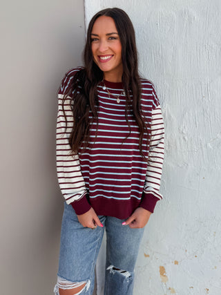 Liam Striped Pullover-Plum