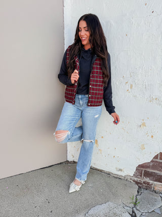 Macey Plaid Vest-Red
