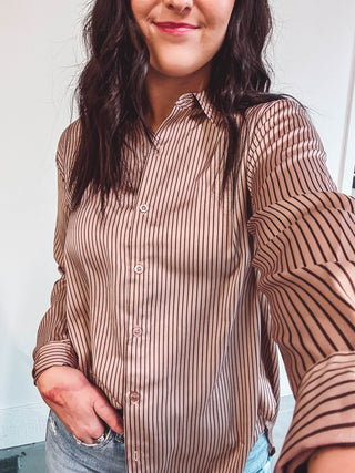 Rylee Striped Button Down-Mocha