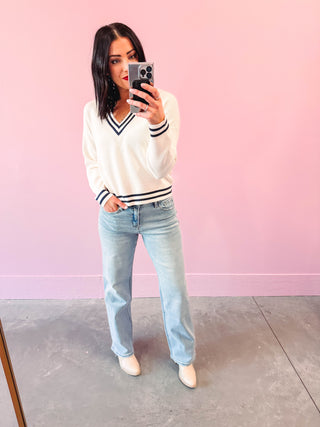 Rebecca Sweater-Ivory Navy-Thread & Supply