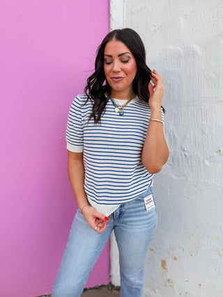 Sara Striped Knit Top-Navy
