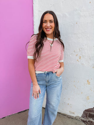 Sara Striped Knit Top-Red