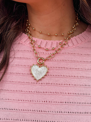Pearlized Heart Charm Necklace-Gold