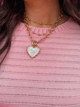 Pearlized Heart Charm Necklace-Gold