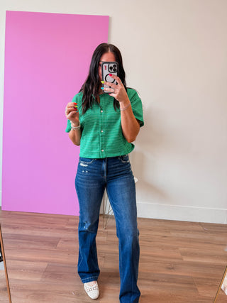 Camden Striped Button Down Tee-Green/White