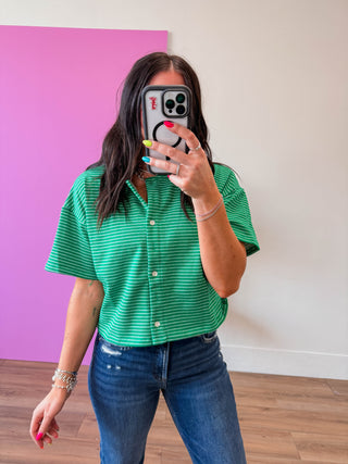 Camden Striped Button Down Tee-Green/White
