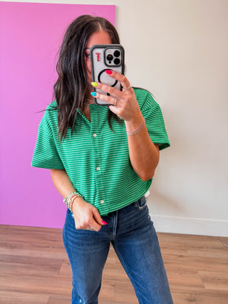 Camden Striped Button Down Tee-Green/White