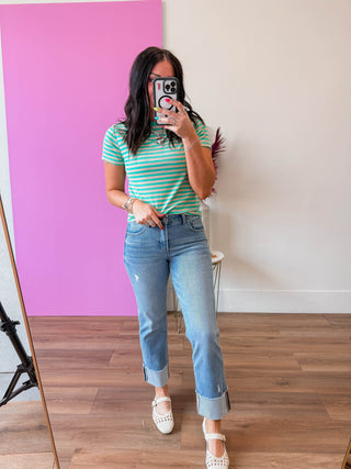 Aiden Striped Tee-Teal/Mocha