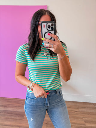 Aiden Striped Tee-Teal/Mocha