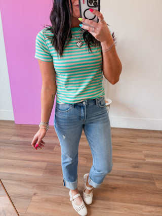 Aiden Striped Tee-Teal/Mocha