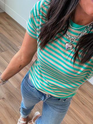 Aiden Striped Tee-Teal/Mocha