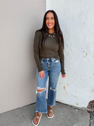 Lea Long Sleeve Top-Olive