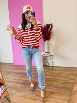Kayla Striped Cardigan-Red