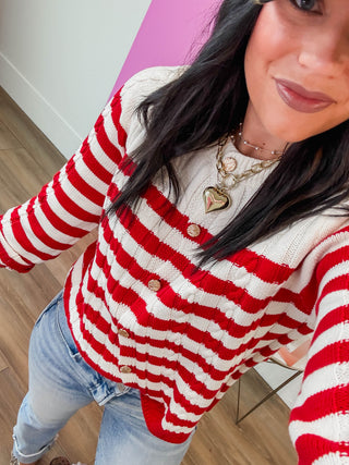 Kayla Striped Cardigan-Red
