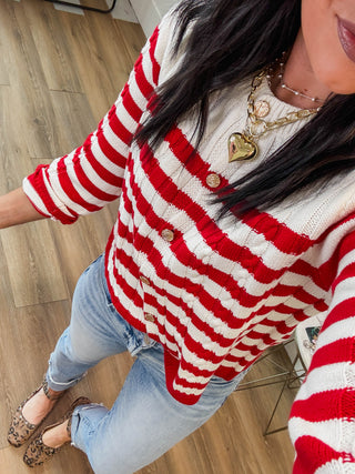 Kayla Striped Cardigan-Red