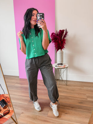 Camden Striped Button Down Tee-Green/White