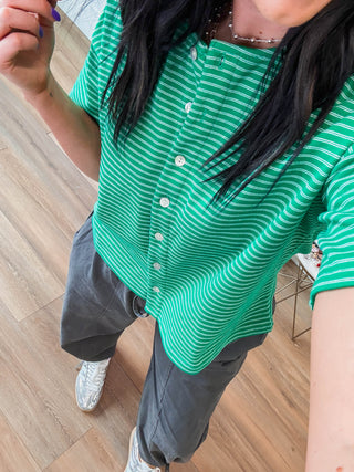 Camden Striped Button Down Tee-Green/White