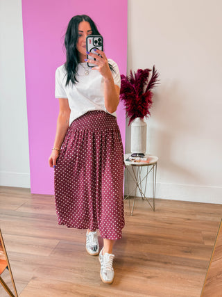 Kyla Polka Dot Midi Skirt-Red Bean