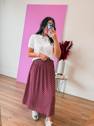 Kyla Polka Dot Midi Skirt-Red Bean