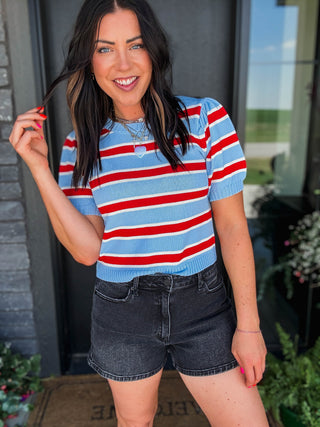 Avery Striped Knit Top-Blue/Red