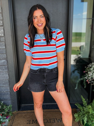 Avery Striped Knit Top-Blue/Red