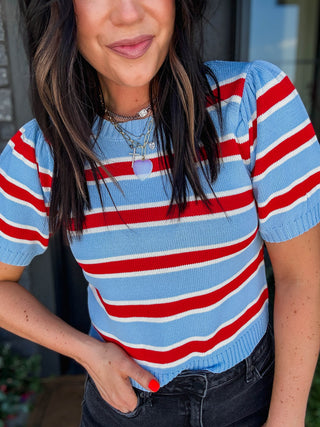 Avery Striped Knit Top-Blue/Red