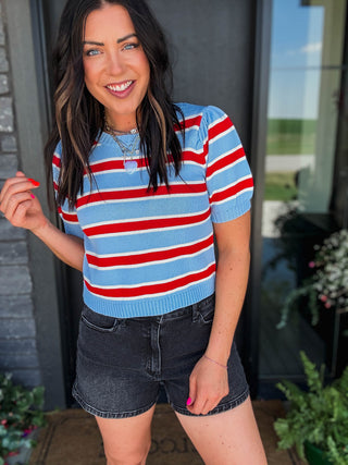 Avery Striped Knit Top-Blue/Red