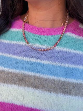 Pink Natural Stone, Crystal & Gold Beaded Necklace