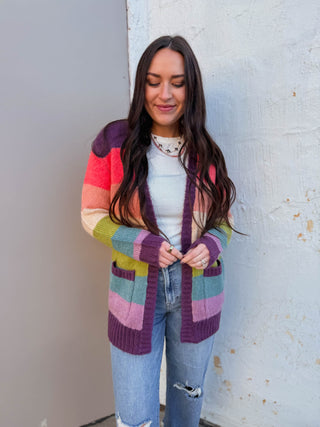 Allison Color Block Cardigan-Plum/Orange
