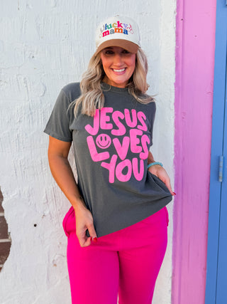 Smiley Jesus Loves You Puff Tee
