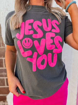Smiley Jesus Loves You Puff Tee