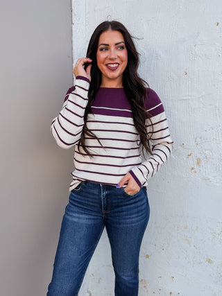 Blaire Striped Sweater-Plum