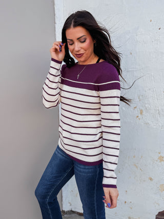 Blaire Striped Sweater-Plum