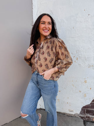 Alicia Floral Top-Taupe