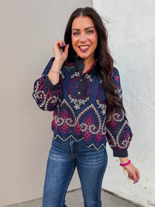 Adeline Embroidered Top-Navy