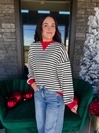 Snow Day Striped Pullover-Ivory/Red